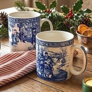 Spode Blue Room Collection Christmas Mugs # 2 and 4 Victorian Scene Cottagecore